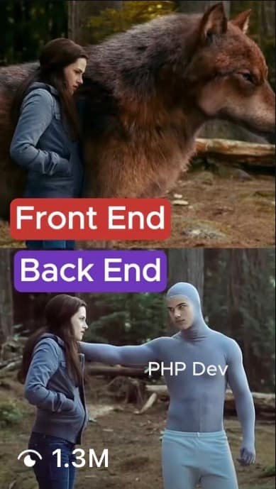 BloomTech post: Twilight-style meme labeling Front End, Back End, and PHP Dev, with 1.3 million views.